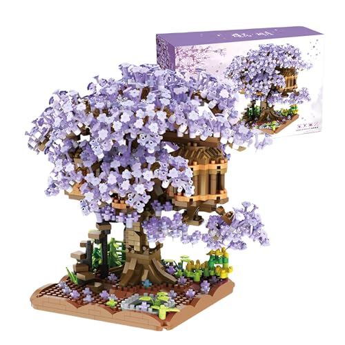 SymGrpu Lila Kirschblüten Bonsai Baum Mini Micro Bausteine Bausatz (1443PCS), Mini Sakura Baumhaus Klemmbausteine Display Modell, Kreatives DIY Bauspielzeug Geschenk für Erwachsene & Kinder von SymGrpu