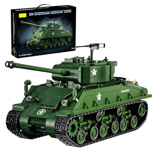 SymGrpu M4 Sherman Mittlerer Panzer Bausteine Bausatz für Erwachsene, Sammlerstück WW2 Militärmodell Spielzeug, M4 Medium Fahrzeug Klemmbausteine, Geschenk für Kinder ab 6 Jahren (1682 Teile) von SymGrpu
