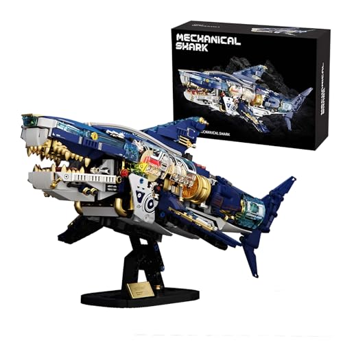 SymGrpu Mechanischer Hai Bausteine Bausatz, Bewegliche Tiefseehaie mit Display-Ständer, STEM Ozean Tiere Klemmbausteine Modell Spielzeug, Ideen Geschenk für Erwachsene Kinder (1277 Stück) von SymGrpu