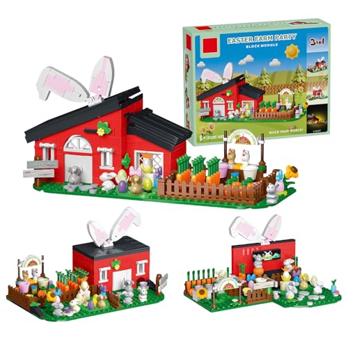 SymGrpu Osterhasen Bauernhof Bausteine Bausatz, 3 IN 1 Ostern Kaninchen Display Klemmbausteine, Ostergeschenke für Kinder Osterkorb Stuffers Ostereier Füller für Jungen Mädchen(435 Stücke) von SymGrpu