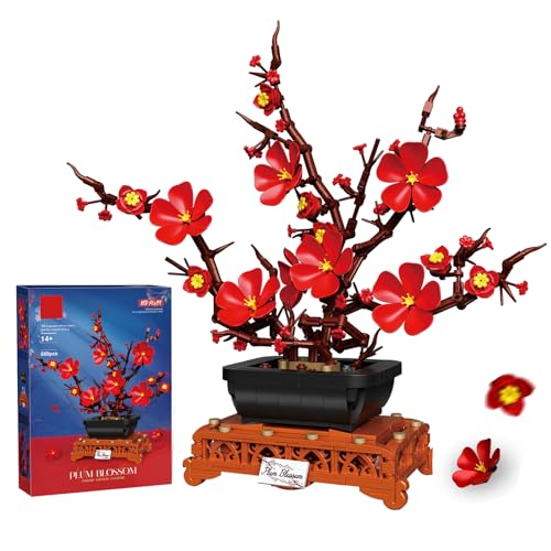 SymGrpu Pflaumenblüten Bonsai Bausteine Bausatz, Botanical Collection BKlemmbausteine für Erwachsene Frauen Mädchen 14+, Elegante Rote künstliche Blumendekoration für Wohnzimmer und Büro, 692 Stück von SymGrpu