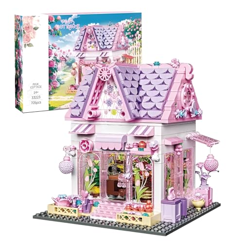 SymGrpu Rosa Häuschen Bausteine Bausatz, Modulares Blumenhaus Klemmbausteine, Straßenansicht Architektur BAU Modell Spielzeug, Kreatives Geschenk für Erwachsene Teenager(706 Stück) von SymGrpu