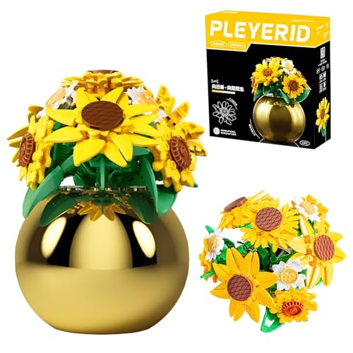SymGrpu Sonnenblumen Klemmbausteine für Erwachsene, Blumenstrauß Bausteine Bausatz mit Vase, Art Botanical Collection, Künstliche Sonnenblume für Heimbüro Dekoration, Geschenk für Mädchen Frauen Her von SymGrpu