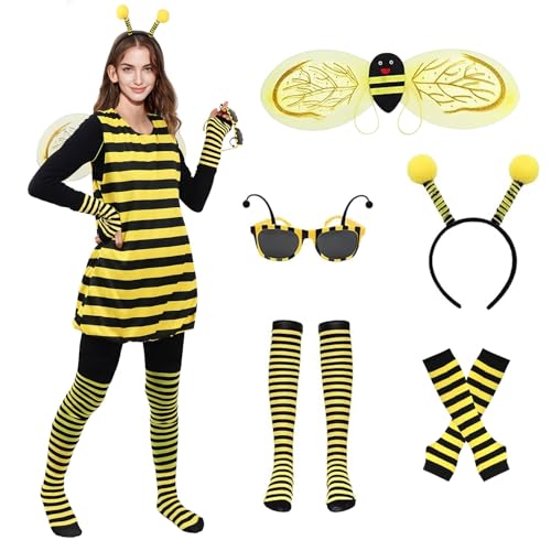 SymPleCr Bienen Kostüm Damen mit Biene Flügel, 8 Stück Bienenkostüm, Karneval Kostüm Damen für Karneval Party Cosplay (M) von SymPleCr