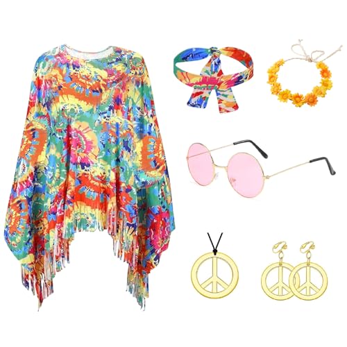 SymPleCr Hippie Kleidung Damen Poncho set, Hippie Kostüm Damen, 60er 70er Jahre Outfit Damen Poncho, Hippie Kostüm mit Hippie Accessoires für Karneval Party, Faschingskostüme Damen von SymPleCr