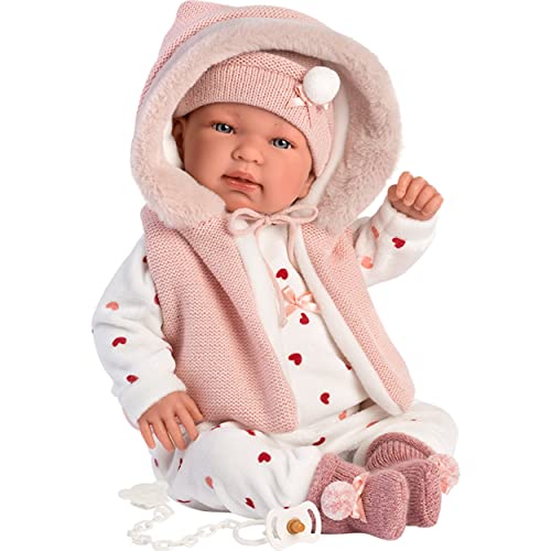 Llorens 1084440 New Born Puppe Tina, mit blauen Augen und weichem Körper, Babypuppe inkl. Strampler mit Herzenmotiven, Mütze und Flauschiger Kapuzenweste, 44cm von Llorens
