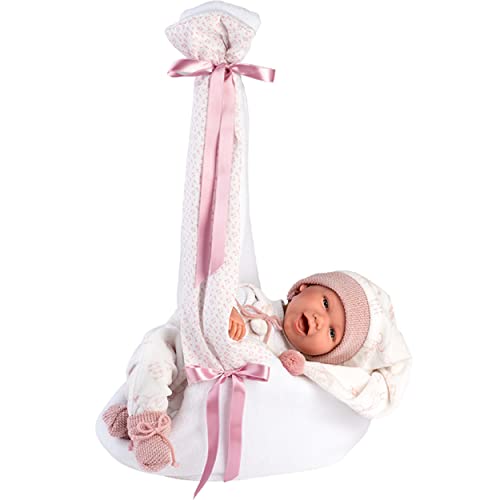 Llorens Babypuppe mit blauen Augen und weichem Körper, Puppe inkl. rosa Outfit mit Zipfelmütze, Schnuller, Schnullerkette und kuscheliger Hängewiege, 42cm von Llorens