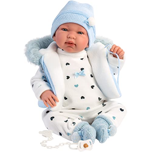 Llorens Puppe Tino mit blauen Augen und weichem Körper, Babypuppe inkl. Stampler, Mütze und kuscheliger Weste, Puppenjunge, 44cm von Llorens