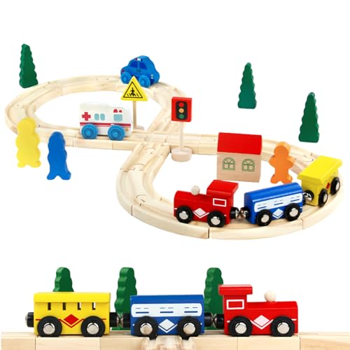 Holzeisenbahn Eisenbahn Kinder Set Zug & Holz Eisenbahnen 33Pcs Lernspiele Kinder Geschenke für 3 4 5 6 Jahre Jungen Mädchen von Symiu