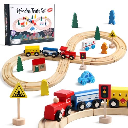 Holzeisenbahn Eisenbahn Kinder Set Zug & Holz Eisenbahnen 33Pcs Lernspiele Kinder Geschenke für 3 4 5 6 Jahre Jungen Mädchen von Symiu