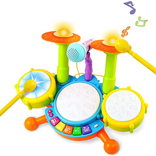 Schlagzeug Kinder Spielzeug - Musikinstrumente für Kinder ab 1 Jahr Mit Kinderreimen & Lichtfunktionen Baby Musikspielzeug Trommel Kinder Geschenkidee 1 2 Jahre Jungen Mädchen von Symiu