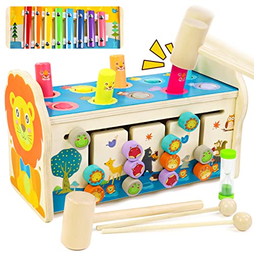 Symiu Baby Spielzeug ab 1 Jahr Motorikwürfel Holzspielzeug Hammerspiel 3 IN 1 Kinder Spielzeug Xylophon Labyrinth Musikinstrumente Geschenk für Kinder Ab 1 2 3 Jahre Junge Mädchen von Symiu