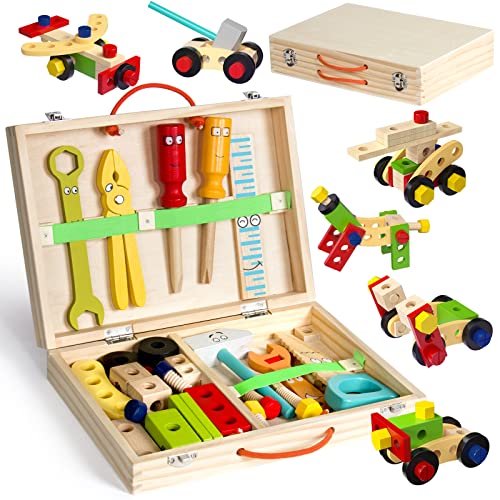 Werkzeugkoffer Kinder Holz Werkzeug Werkzeugkasten Baukasten 34 Stück Rollenspiel Spielzeug Lernspielzeug für 3 4 5 Jahre Alte Jungen Mädchen Kinder von Symiu