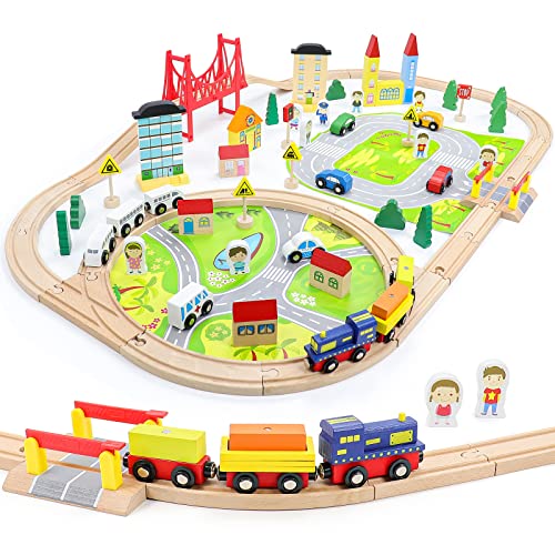 Symiu Holzeisenbahn Hölzernes Zugset Holz LKW BAU Spielzeugauto Spielzeug Kinderspielzeug ab 3 Jahre 82pcs DIY Eisenbahn Eisenbahn mit Brücke Kleinkindspielzeug Empfohlen ab 3 4 5 6 Jahren,(MEHRWEG) von Symiu