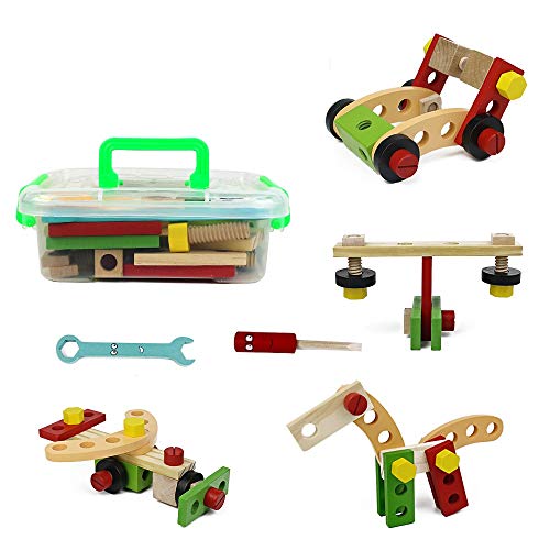 Symiu Spielzeug Holzbausteine Bauklötze Werkbank Werkzeugkoffer Holzspielzeug Kinderspielzeug Lernspiele ab 3 4 5 Jahren Geschenk für Mädchen Jungen Kinder von Symiu