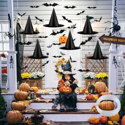 Halloween-Hexenhüte-Dekor, 6 Stück hängende schwarze Zaubererkappen mit 30 m Nylonschnur und 24 Stück Fledermäusen, Kostümzubehör, Hexenhüte für Veranda, Hof, drinnen und draußen, Partyzubehör von Symphonyw