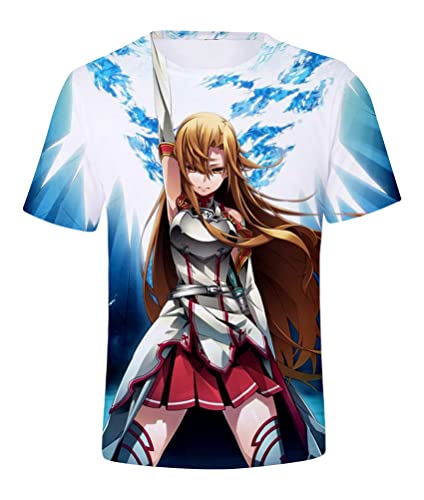 Anime SAO Online Yuuki Asuna Kurzarm T-Shirt 3D Bluse Hemd Tee Shirt Top Cosplay Kostüm Blau Herren Damen XL (Chest 112cm) von Syqiya