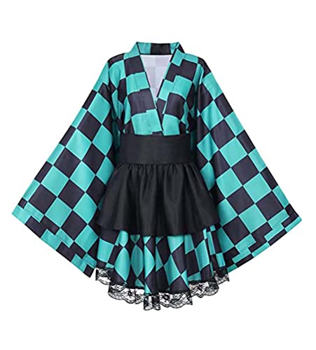 Anime Tanjiro Kamado Dienstmädchenkleid Magd Zimmermädchen Kleid Cosplay Kostüm Damen Grün S (Chest 78-81cm) von Syqiya
