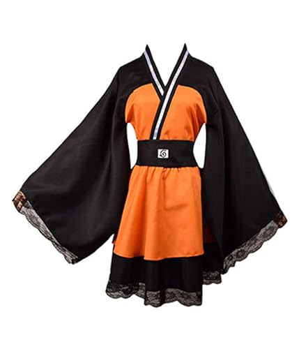 Anime Uzumaki Kleid Kimono Suit Cosplay Kostüm Schwarz Orange Damen S (Chest 87-89cm) von Syqiya