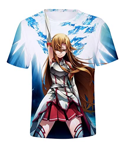 Herren Damen Anime Kurzarm T-Shirt Hemd SAO Online Yuuki Asuna Top 3D Bluse Hemd Cosplay Kostüm Tee Shirt Blau L (Chest 106cm) von Syqiya
