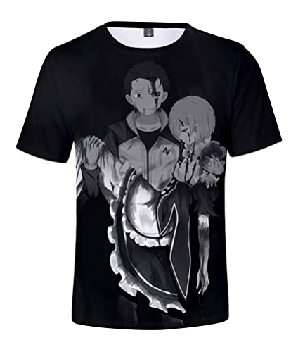 Syqiya Anime Different World from Zero Natsuki Remu Kurzarm T-Shirt 3D Bluse Hemd Tee Shirt Top Cosplay Kostüm Schwarz Herren Damen XXL (Chest 118cm) von Syqiya