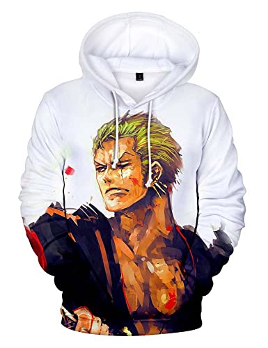 Syqiya Anime Sweatshirt 3D Druck Kapuzenpullover Roronoa Zoro Cosplay Kostüm Herren Damen Unisex Weiß/F L (Chest 110cm) von Syqiya
