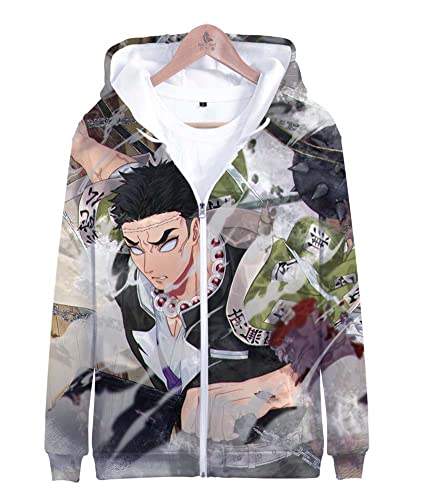 Syqiya Anime Unisex Hoodie Kimetsu no Yaiba Gyomei Himejima Langarm Sweatshirt Cosplay Kostüm Pullover mit Reißverschluss Schwarz XL (Chest 116cm) von Syqiya