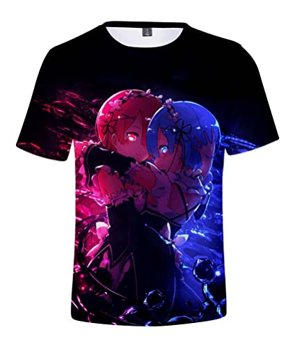 Syqiya Anime Different World from Zero Remu Ramu Kurzarm T-Shirt 3D Bluse Hemd Tee Shirt Top Cosplay Kostüm Schwarz M (Chest 100cm) von Syqiya