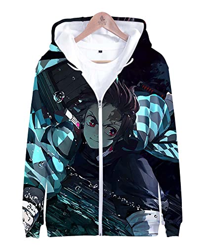 Syqiya Herren Damen Anime 3D Druck Pullover Streetwear Kimetsu no Yaiba Tanjiro Kamado Cosplay Kostüm Jacke Pulli mit Reißverschluss Sweatshirt Schwarz/B 6XL (Chest 146cm) von Syqiya