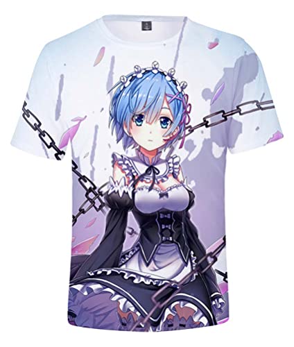 Syqiya Herren Damen Anime different world from zero Remu Kurzarm T-Shirt 3D Bluse Hemd Tee Shirt Top Cosplay Kostüm Weiß 4XL (Chest 130cm) von Syqiya