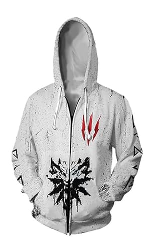 Syqiya Herren Damen Pullover Geralt Reißverschlussjacke Mantel Cosplay Kostüm Jacke Trenchcoat Unisex Grau 4XL (Chest 122cm) von Syqiya