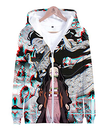 Syqiya Unisex Anime 3D Druck Sweatshirt Kimetsu no Yaiba Nezuko Kamado Pullover Reißverschluss Sweatjacke Mantel Übergangsjacke Coat Cosplay Kostüm Grau 3XL (Chest 128cm) von Syqiya