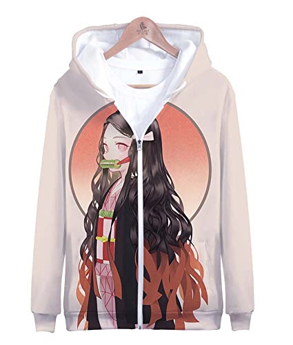 Syqiya Unisex Anime 3D Druck Sweatshirt Kimetsu no Yaiba Nezuko Kamado Pullover Reißverschluss Sweatjacke Mantel Übergangsjacke Coat Cosplay Kostüm Rosa/B 3XL (Chest 128cm) von Syqiya