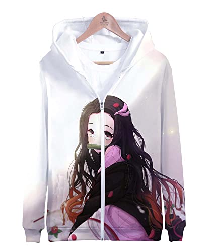 Syqiya Unisex Anime 3D Druck Sweatshirt Kimetsu no Yaiba Nezuko Kamado Pullover Reißverschluss Sweatjacke Mantel Übergangsjacke Coat Cosplay Kostüm Weiß/B 3XL (Chest 128cm) von Syqiya