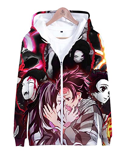 Syqiya Unisex Anime 3D Druck Sweatshirt Kimetsu no Yaiba Tanjiro Kamado Pullover Reißverschluss Sweatjacke Mantel Übergangsjacke Coat Cosplay Kostüm Version-2 Schwarz 3XL (Chest 128cm) von Syqiya