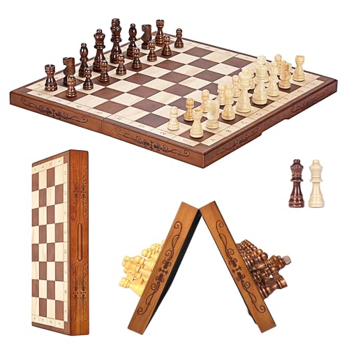 Syrace Magnetisches Schach- und Dame-Set, Brettspiele, Kinder und Erwachsene, aus Holz, faltbar, handgeschnitzt, tragbar, Reise-Schachbrettspiel-Sets mit Spielsteinen und Aufbewahrungsschlitzen, 40 cm von Syrace