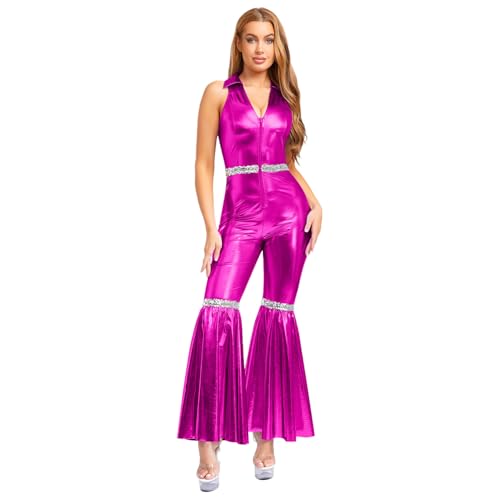 Sywiyi Damen 70er Vintage Disco Outfit Glänzend Jumpsuit Hosenazug Schlager Ärmellos Overall Silvester Show Karneval Kostüm Hot Pink 3XL von Sywiyi