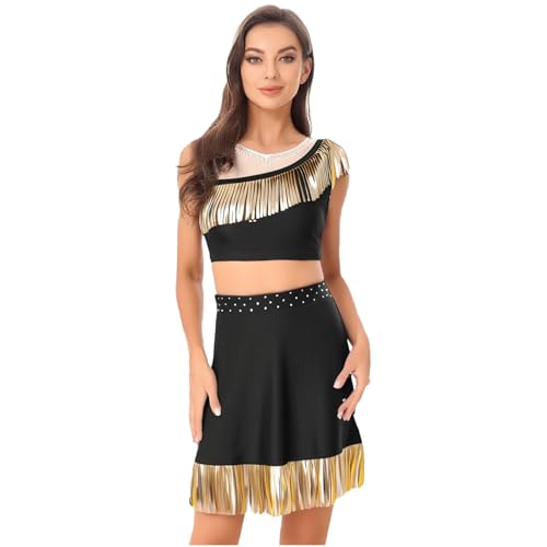 Sywiyi Damen Amerikanischer Ureinwohner Kostüm Zweiteiler Tank Top Kurz Rock mit Quasten Hippe Outfit Halloween Karneval Kostüm Schwarz M von Sywiyi
