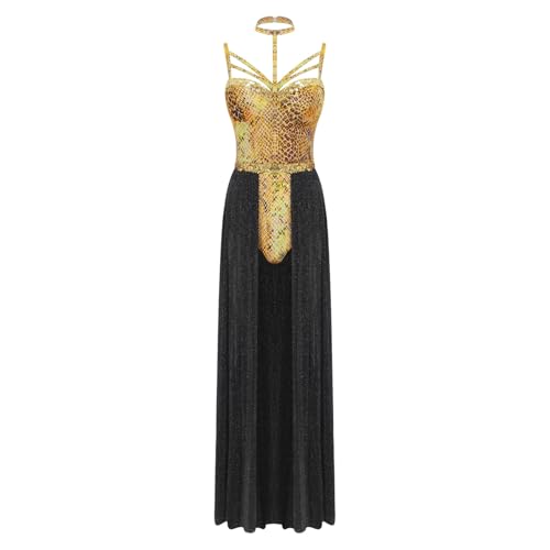Sywiyi Damen Antik Griechische Göttin Kostüm Schlagen Kostüm Schlagenmuster Body Trikot mit Netzrock Lang Fasching Karneval Kostüm Gelb XXL von Sywiyi