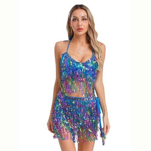 Sywiyi Damen Bauchtanz Kostüm Glitzer Tanzkleidung Halter Top Tanzrock mit Pailletten Fransen Indische Kostüm Halloween Karneval Blau Einheitsgröße Sywiyi Damen Bauchtanz Kostüm Glitzer Tanzkleidung Halter Top Tanzrock mit Pailletten Fransen Indische Kostüm Halloween Karneval Blau Einheitsgröße von Sywiyi