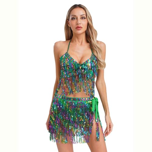 Sywiyi Damen Bauchtanz Kostüm Glitzer Tanzkleidung Halter Top Tanzrock mit Pailletten Fransen Indische Kostüm Halloween Karneval Grün Einheitsgröße Sywiyi Damen Bauchtanz Kostüm Glitzer Tanzkleidung Halter Top Tanzrock mit Pailletten Fransen Indische Kostüm Halloween Karneval Grün Einheitsgröße von Sywiyi