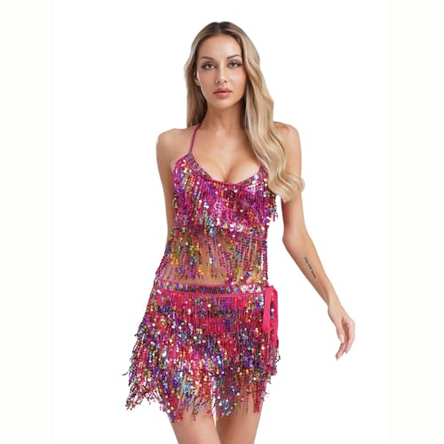 Sywiyi Damen Bauchtanz Kostüm Glitzer Tanzkleidung Halter Top Tanzrock mit Pailletten Fransen Indische Kostüm Halloween Karneval Hot Pink Einheitsgröße Sywiyi Damen Bauchtanz Kostüm Glitzer Tanzkleidung Halter Top Tanzrock mit Pailletten Fransen Indische Kostüm Halloween Karneval Hot Pink Einheitsgröße von Sywiyi