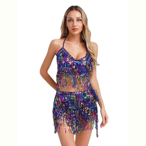 Sywiyi Damen Bauchtanz Kostüm Glitzer Tanzkleidung Halter Top Tanzrock mit Pailletten Fransen Indische Kostüm Halloween Karneval Königsblau Einheitsgröße Sywiyi Damen Bauchtanz Kostüm Glitzer Tanzkleidung Halter Top Tanzrock mit Pailletten Fransen Indische Kostüm Halloween Karneval Königsblau Einheitsgröße von Sywiyi