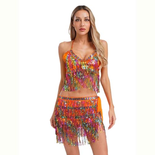 Sywiyi Damen Bauchtanz Kostüm Glitzer Tanzkleidung Halter Top Tanzrock mit Pailletten Fransen Indische Kostüm Halloween Karneval Orange Einheitsgröße Sywiyi Damen Bauchtanz Kostüm Glitzer Tanzkleidung Halter Top Tanzrock mit Pailletten Fransen Indische Kostüm Halloween Karneval Orange Einheitsgröße von Sywiyi