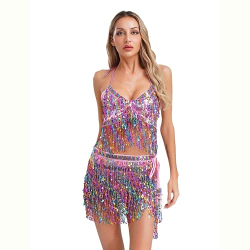 Sywiyi Damen Bauchtanz Kostüm Glitzer Tanzkleidung Halter Top Tanzrock mit Pailletten Fransen Indische Kostüm Halloween Karneval Rosa Einheitsgröße Sywiyi Damen Bauchtanz Kostüm Glitzer Tanzkleidung Halter Top Tanzrock mit Pailletten Fransen Indische Kostüm Halloween Karneval Rosa Einheitsgröße von Sywiyi