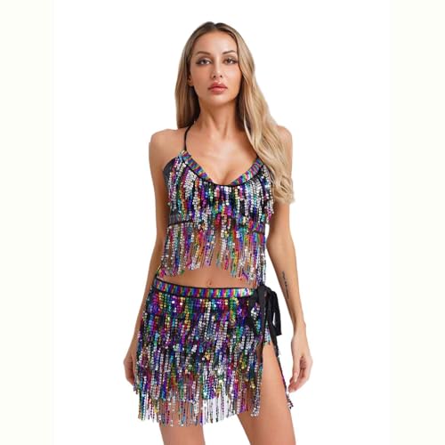 Sywiyi Damen Bauchtanz Kostüm Glitzer Tanzkleidung Halter Top Tanzrock mit Pailletten Fransen Indische Kostüm Halloween Karneval Schwarz&Weiss Einheitsgröße Sywiyi Damen Bauchtanz Kostüm Glitzer Tanzkleidung Halter Top Tanzrock mit Pailletten Fransen Indische Kostüm Halloween Karneval Schwarz&Weiss Einheitsgröße von Sywiyi