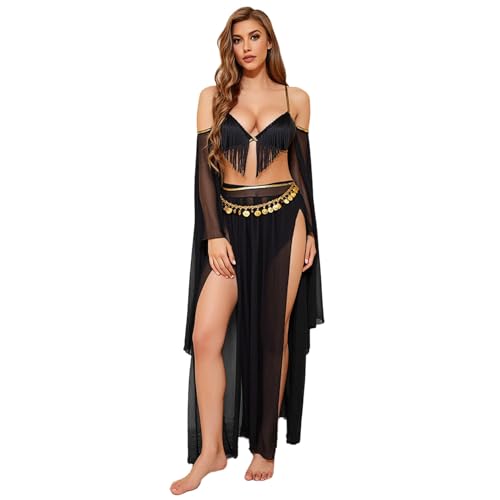 Sywiyi Damen Belly Dance Outfit Tanztop Maxirock mit Zubehör Indische Tanzkleidung Halloween Mottoparty Karneval Fasching Kostüm Schwarz S von Sywiyi