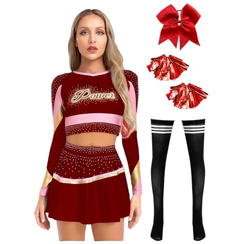 Sywiyi Damen Cheerleaderin Kostüm High School Uniform Outfit Tops Rock mit Pompoms Strümpfe Haarschmuck Fasching Halloweeen Kostüm Burgundy XXL von Sywiyi