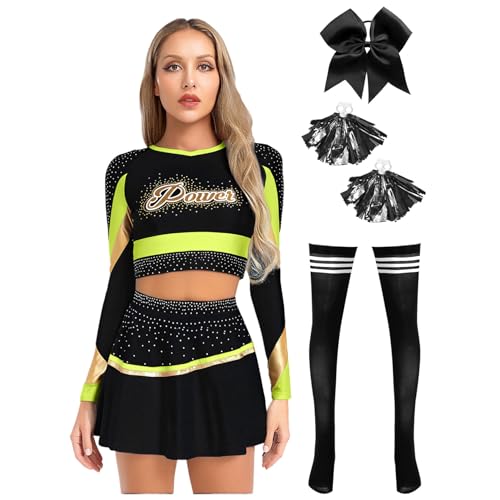 Sywiyi Damen Cheerleaderin Kostüm High School Uniform Outfit Tops Rock mit Pompoms Strümpfe Haarschmuck Fasching Halloweeen Kostüm Fluoreszierendes Gelb XXL von Sywiyi