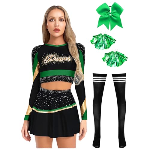Sywiyi Damen Cheerleaderin Kostüm High School Uniform Outfit Tops Rock mit Pompoms Strümpfe Haarschmuck Fasching Halloweeen Kostüm Grün XXL von Sywiyi